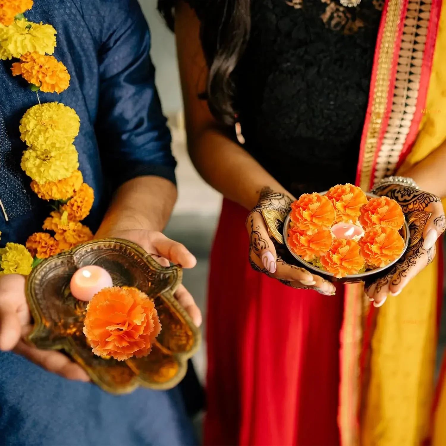 Artificial Marigold Flowers for Day of the Dead and Diwali Decor (30pcs)
