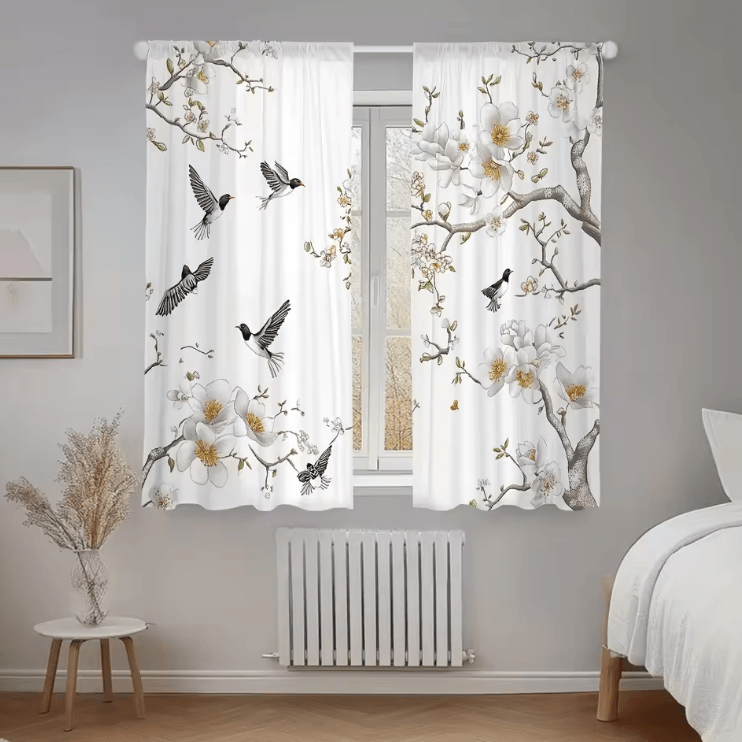 Elegant Floral & Bird Print Curtain Set – Soft Polyester Aesthetic Window Panels