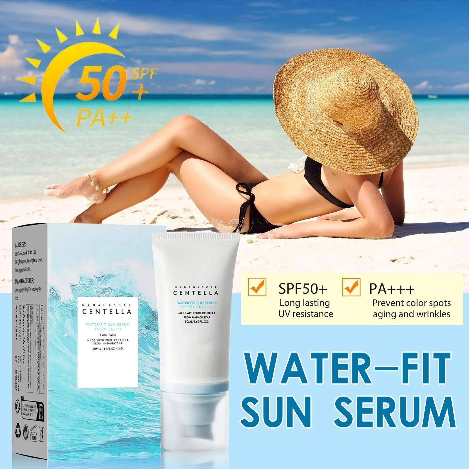 Centella SPF 50+ Facial Sunscreen Hydrating Korean Sunblock Brightening Moisturizing Cream