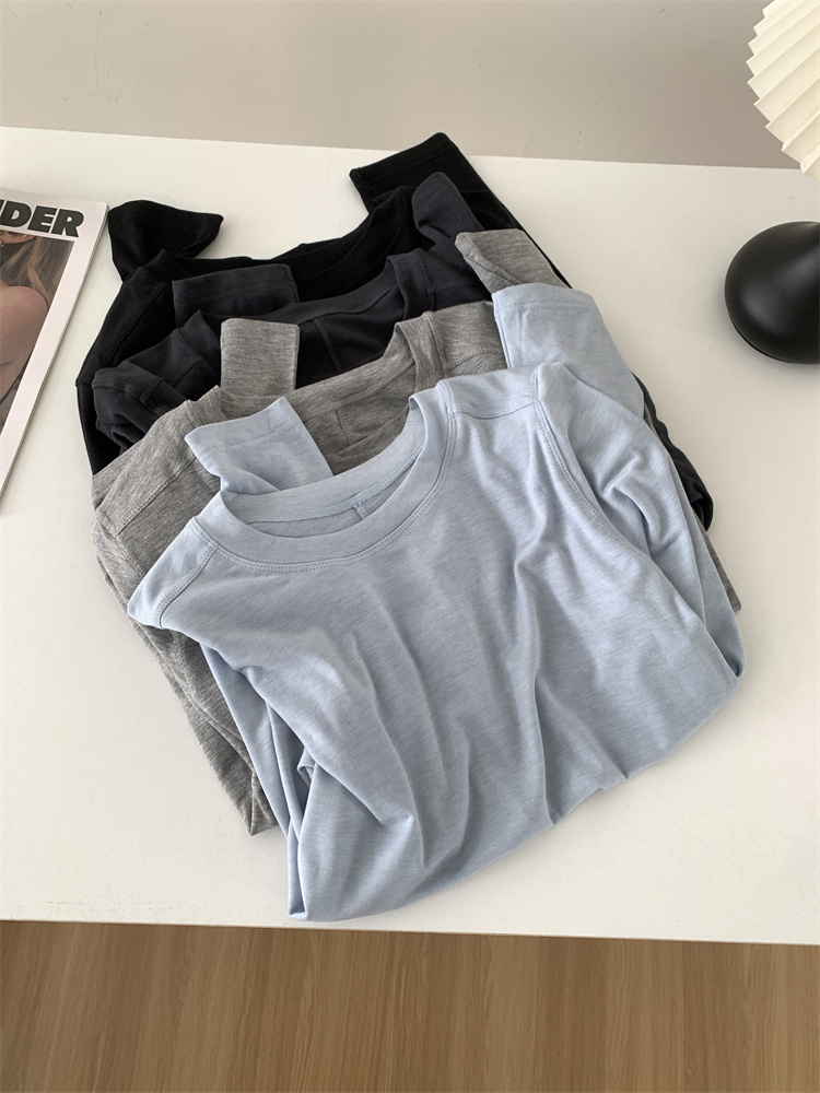 Thin Soft Waxy Fit Splice Long Sleeve T-shirt Women, Solid Color Backing Top