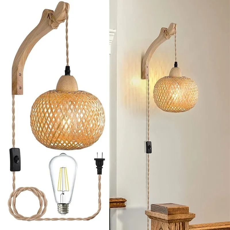 Bamboo Lantern Wall Lamp – Hand-Woven Natural Rattan Wicker Light Fixture