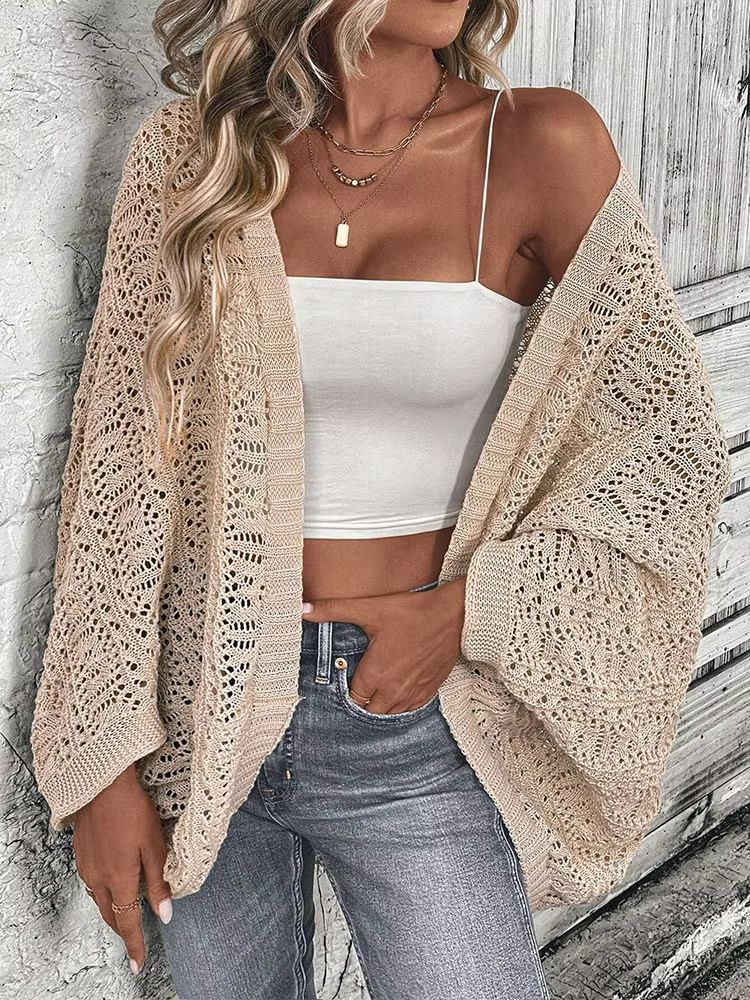 GraceFlow Batwing-Sleeve Open-Front Knit Cardigan