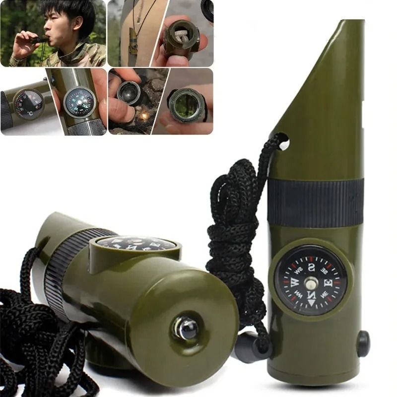 7-in-1 Jungle Survival Whistle with Integrated Compass, LED Light, and Rescue Tools