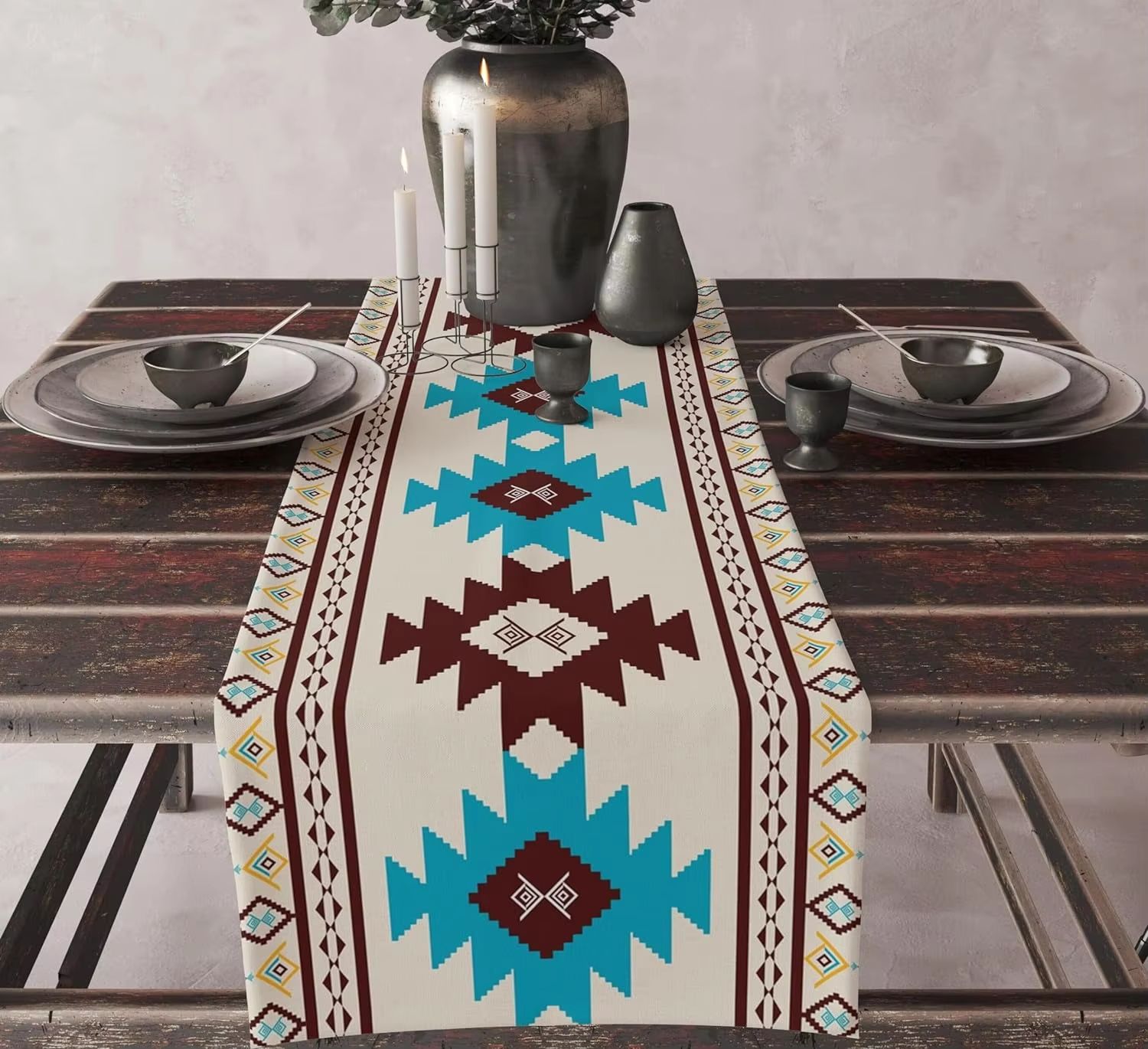 Aztec Boho Linen Table Runner Geometric Tribal Dining Table Decor
