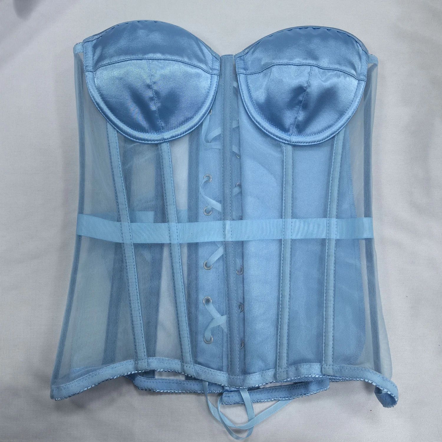 Womens Sexy Mesh Overbust Corset – Transparent Lace-Up Bustier with Cups, Boned Shaping Wedding Waist Slimmer Top