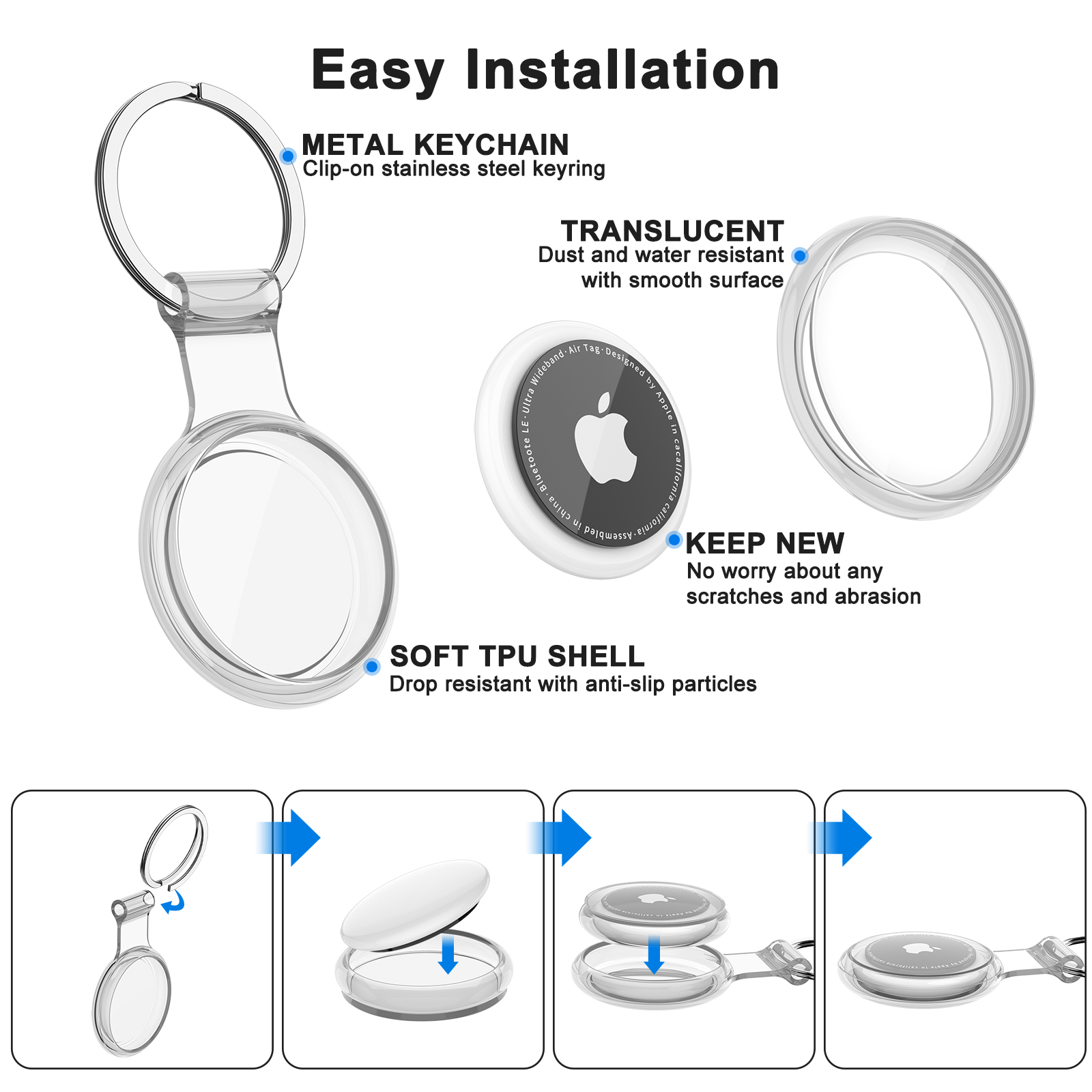 TPU Case for Apple Airtag, Waterproof Anti-lost Keychain Holder, Protective Full Cover for Dog, Cat Pet Collar