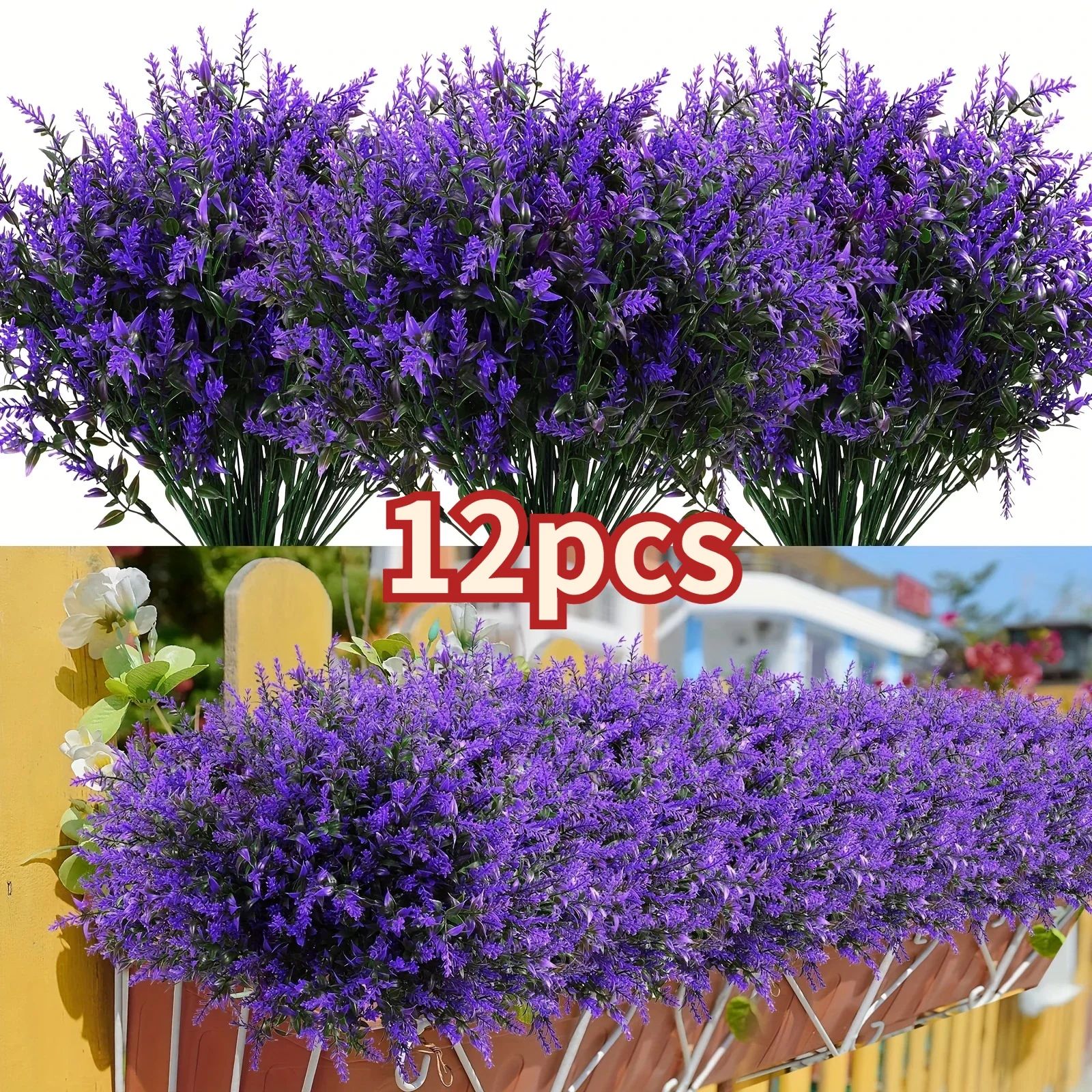 12-Bundle UV-Resistant Artificial Lavender Flowers for Outdoor Planters and Window Boxes