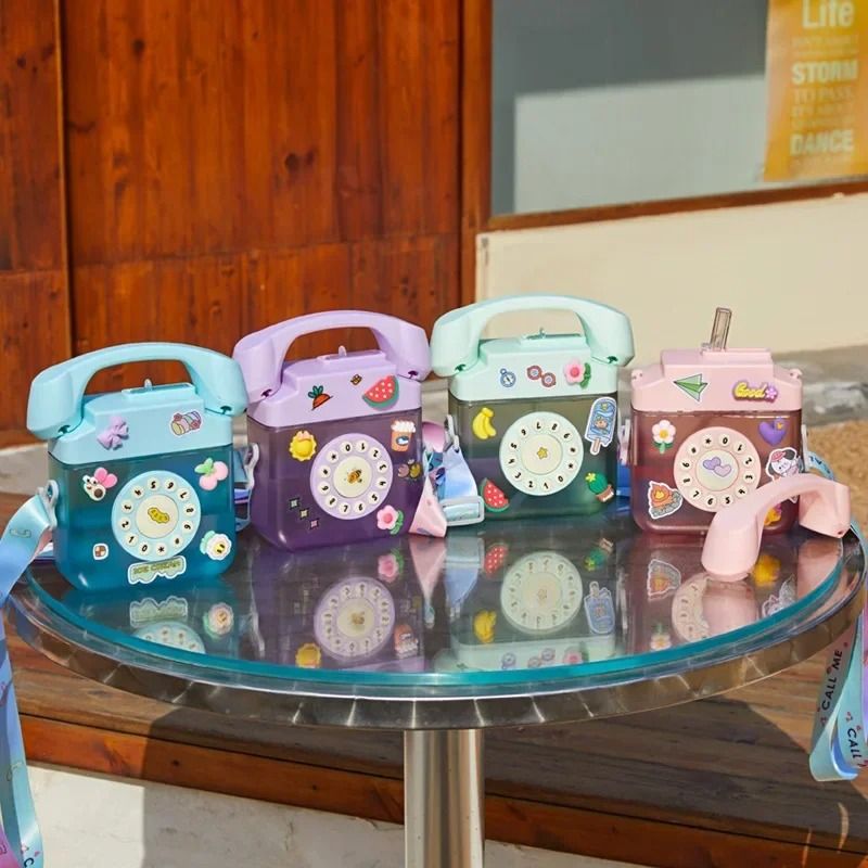Telephone Shape Cute Water Bottle with Straw Kawaii Kids Plastic Bottle 400ml