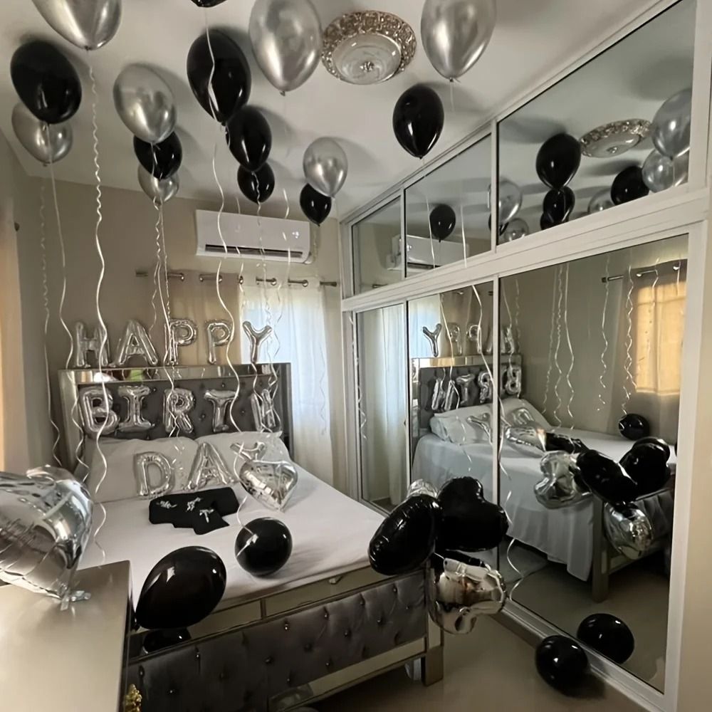 Black & Silver Milestone Set – 16-Inch Alphabet & Heart Foil Balloons