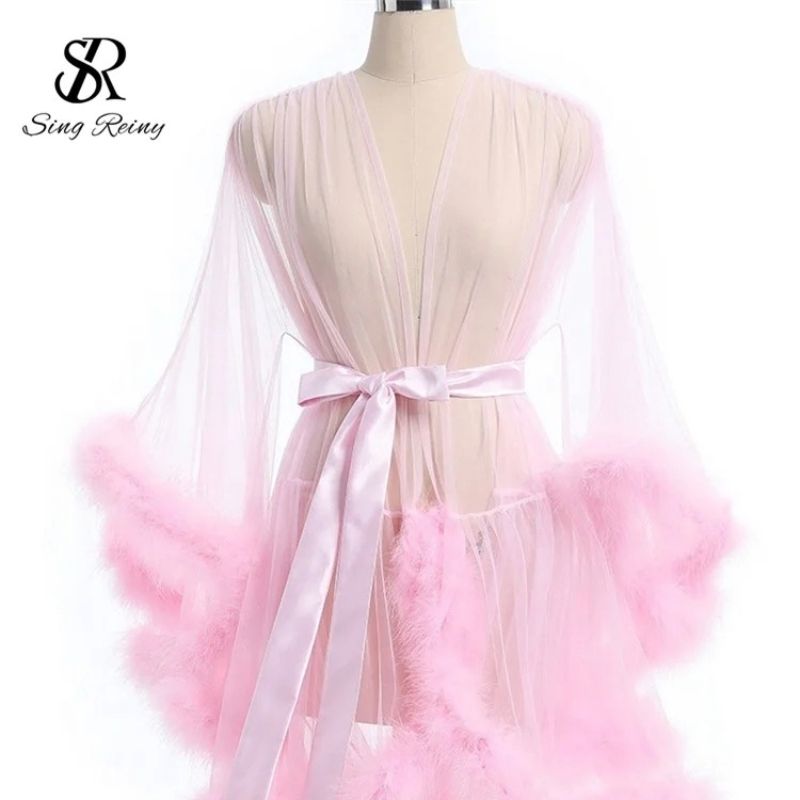 Singreiny Sheer Lace Up Shapewear Robe Long Sleeve Midi Lingerie