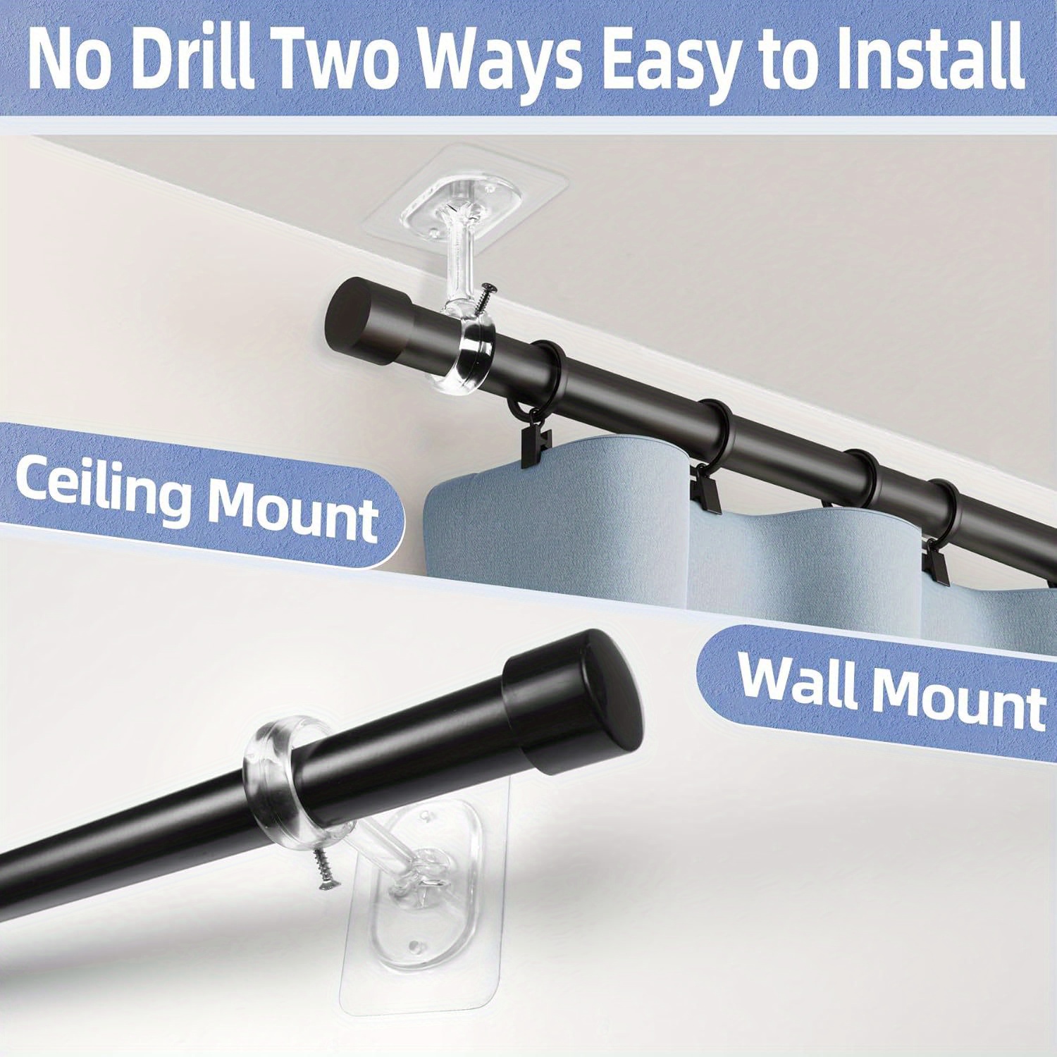 Adjustable Ceiling Curtain Rod Brackets No Drilling Installation Heavy Adhesive Rod Holders