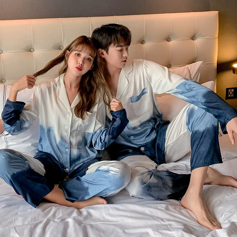 Long Sleeved Satin Pajamas Set for Couples Ice Silk Sleepwear Button Shirt Trousers Suit