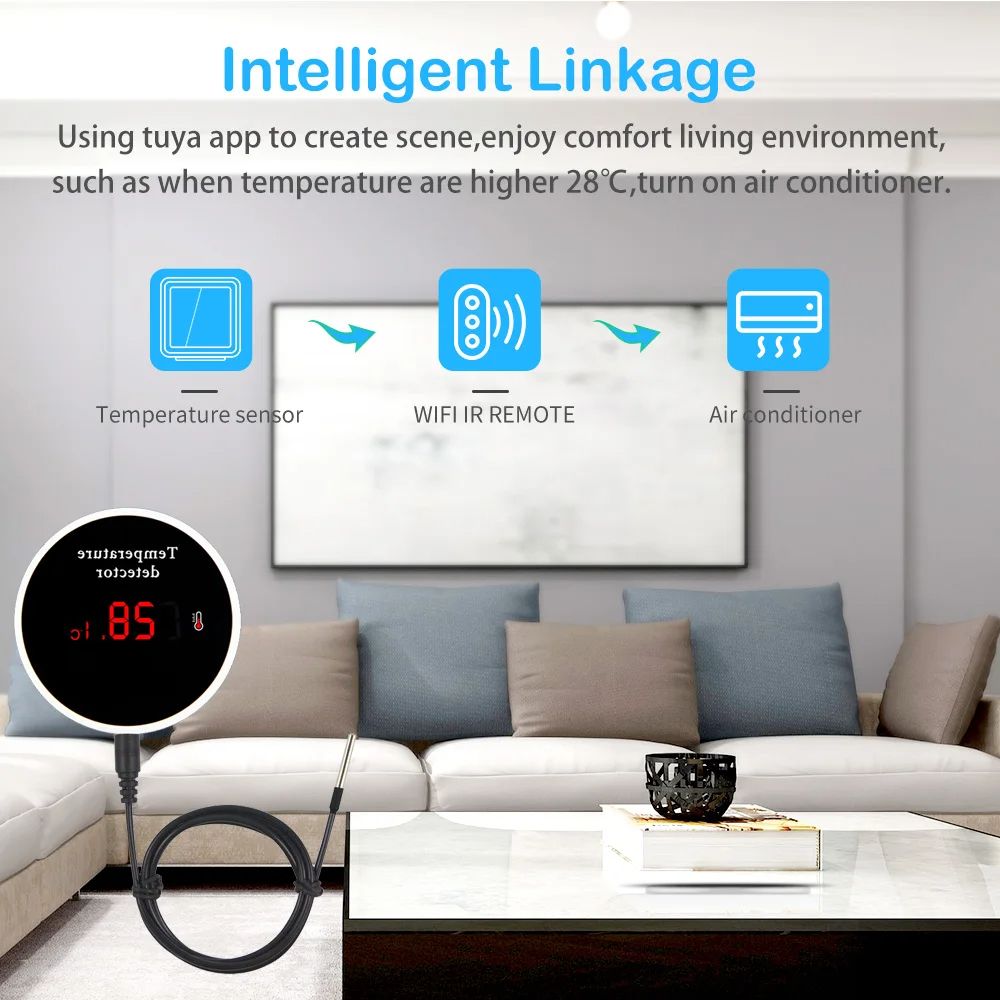 Smart WiFi Thermometer, Tuya-Compatible with External Probe, USB Charging, App Notifications, and Alexa/Google Assistant