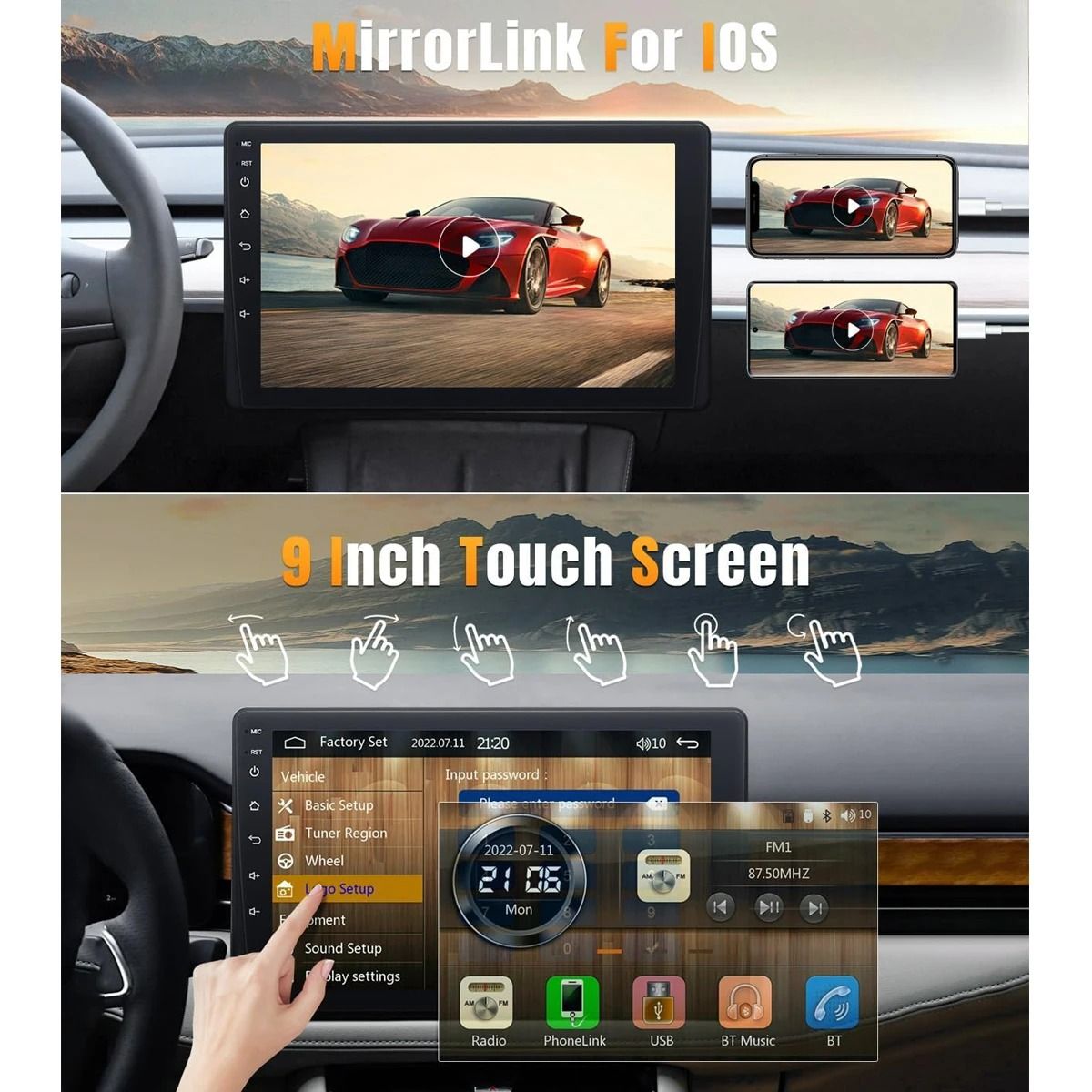 9 Inch Single Din Car Stereo HD Touch Screen with Carplay Android Auto Bluetooth Backup Camera and Navigation