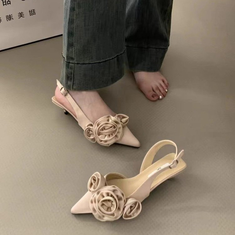 Women Sandal, Fashion Flower Slingback Dress Shoes, Thin Low Heel Mules Pumps