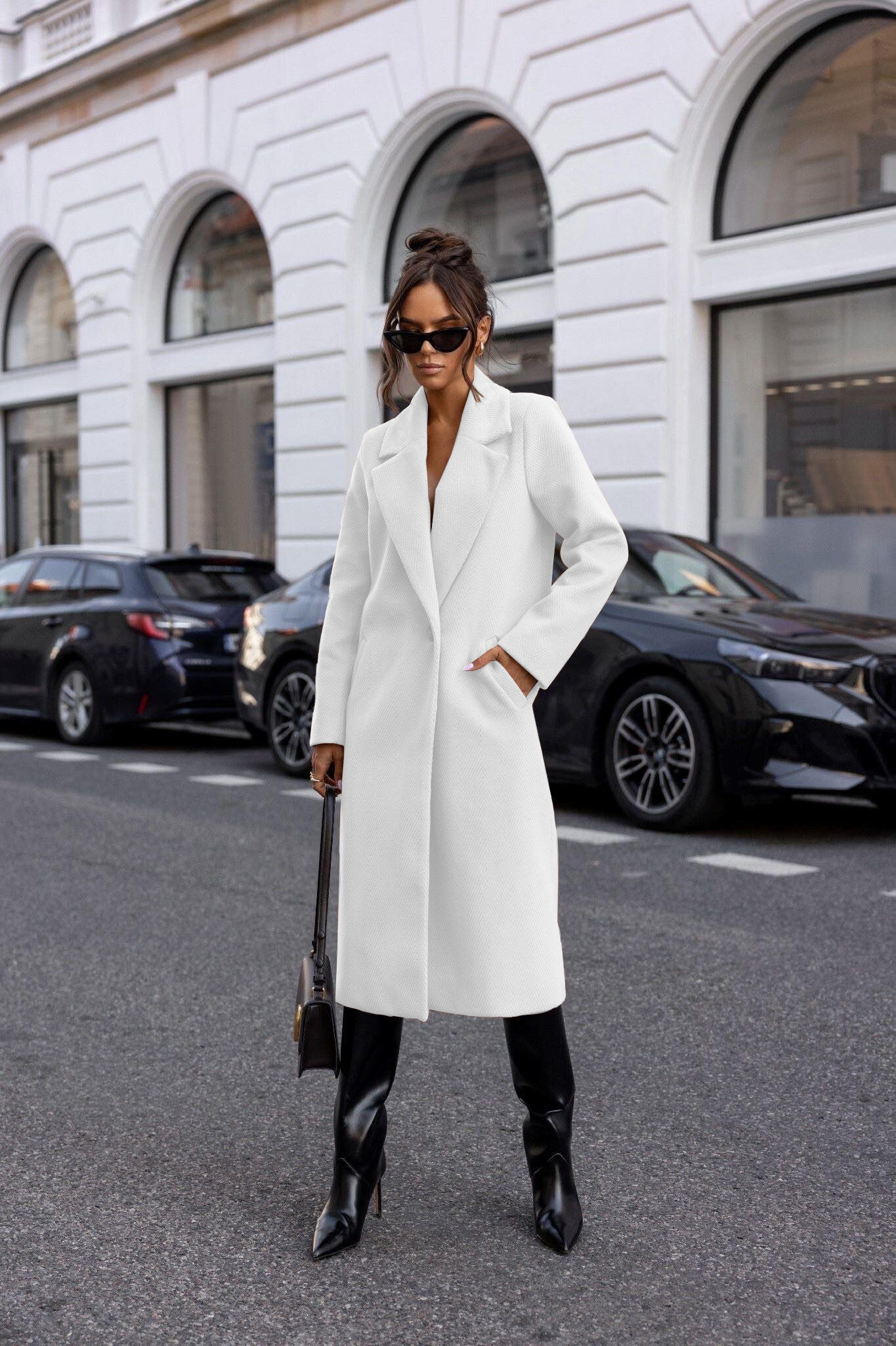 Womens Winter Trench Coat Notched Lapel, Mid-Long One Button Pea Coat, Casual Work Office Overcoat Jacket with Pockets