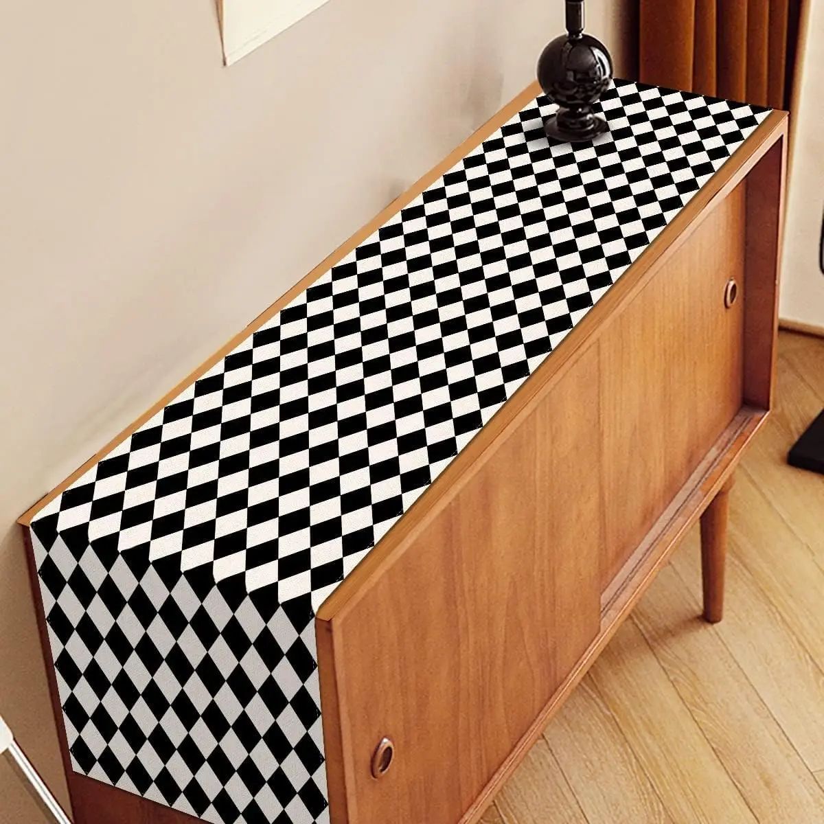 Black White Diamond Lattice Linen Table Runner