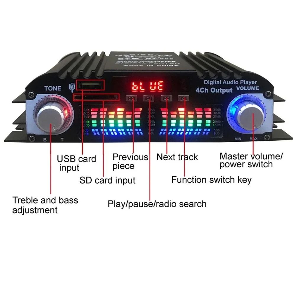 Bluetooth HiFi Power Amplifier 4 Channel Digital Audio Amplifier With FM And Remote