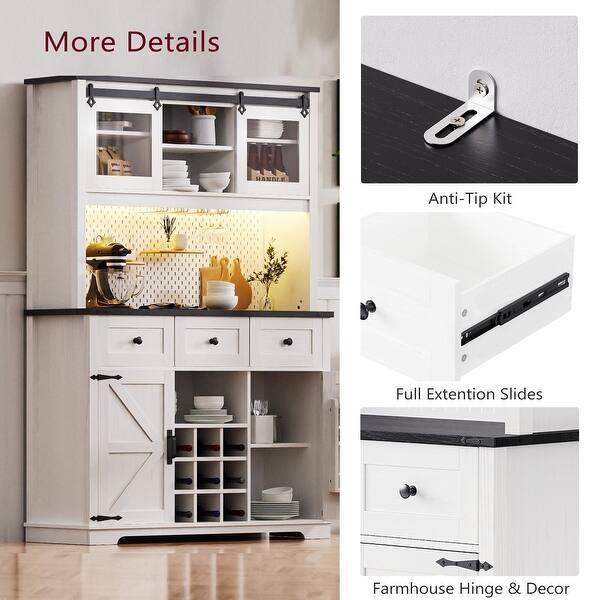 71in Rustic Coffee Bar Cabinet – Farmhouse Pantry with Power Outlet and Storage Drawers