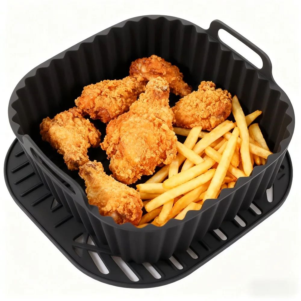 EcoCrisp Reusable Air Fryer Silicone Liners – Non-Stick Square Basket Mat for 4–7QT Air Fryers