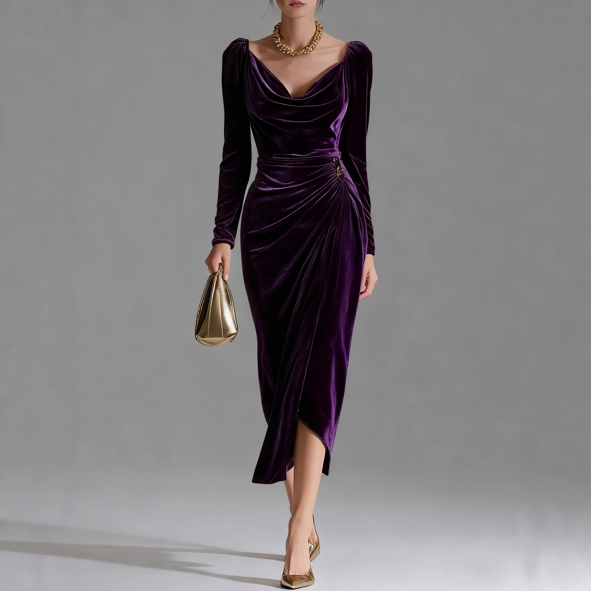 Casual Gold Velvet Sexy Bodycon Dress, European and American Womens Long Sleeve Slim Pleated Split Style