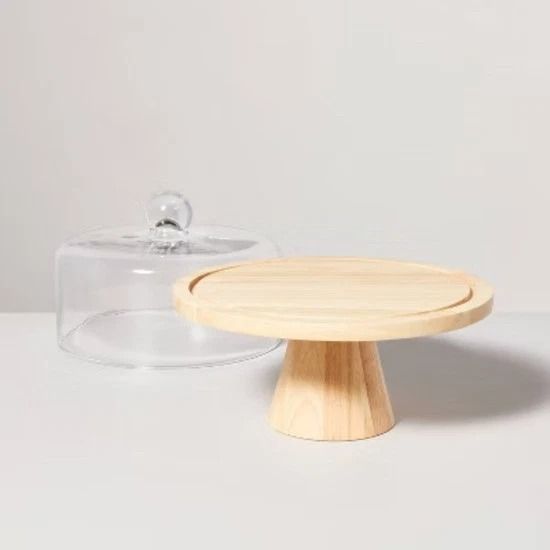 Hearth & Hand with Magnolia Wooden Cake Stand, Glass Cloche , Elegant Round Dessert Stand