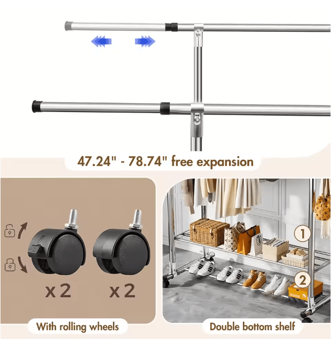 Adjustable Double Rod Rolling Garment Rack with Double Shoe Shelves 47.24-78.74in Wide