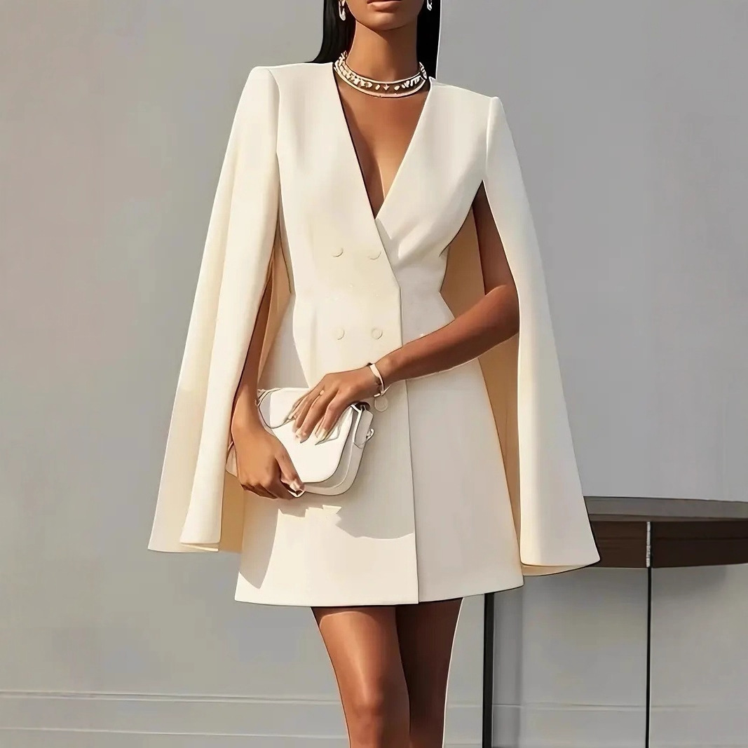 Elegant V-neck Shawl Cape Sleeve Blazer Dress – Double Breasted Office & Party Dress