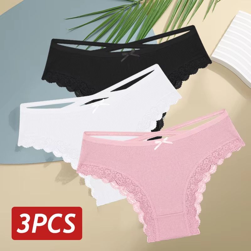 Women's 3-Piece Cotton Low-Rise Lace Brazilian Panties Set Breathable Soft Underwear S-XL