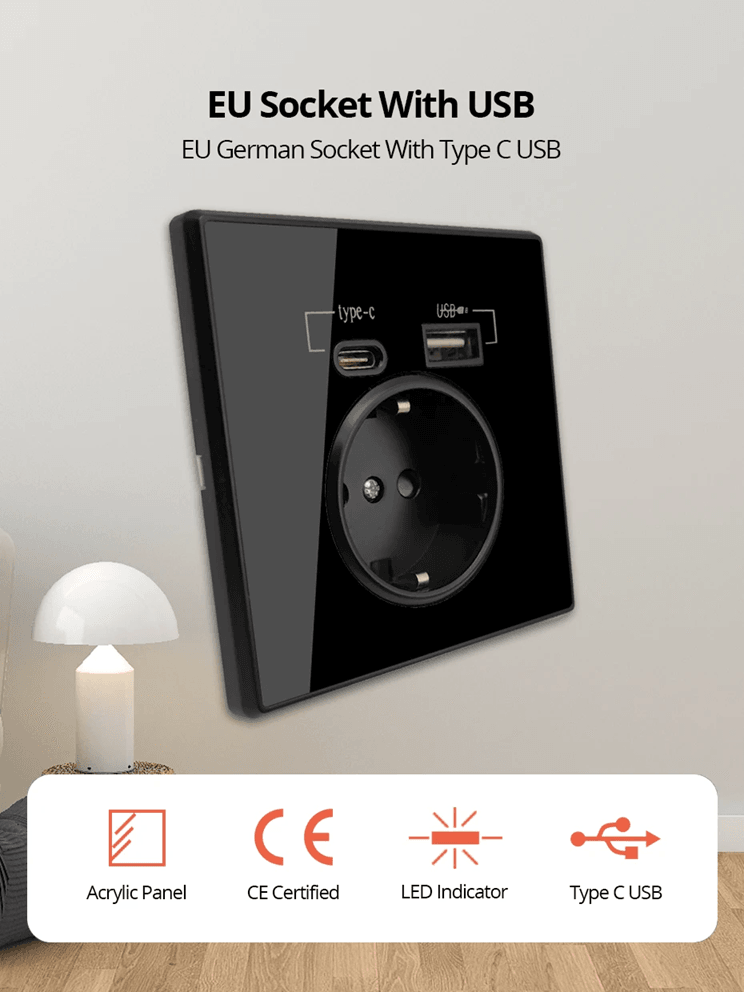 CrystalLine Type C USB Wall Socket Acrylic Mirror Panel Power Outlet