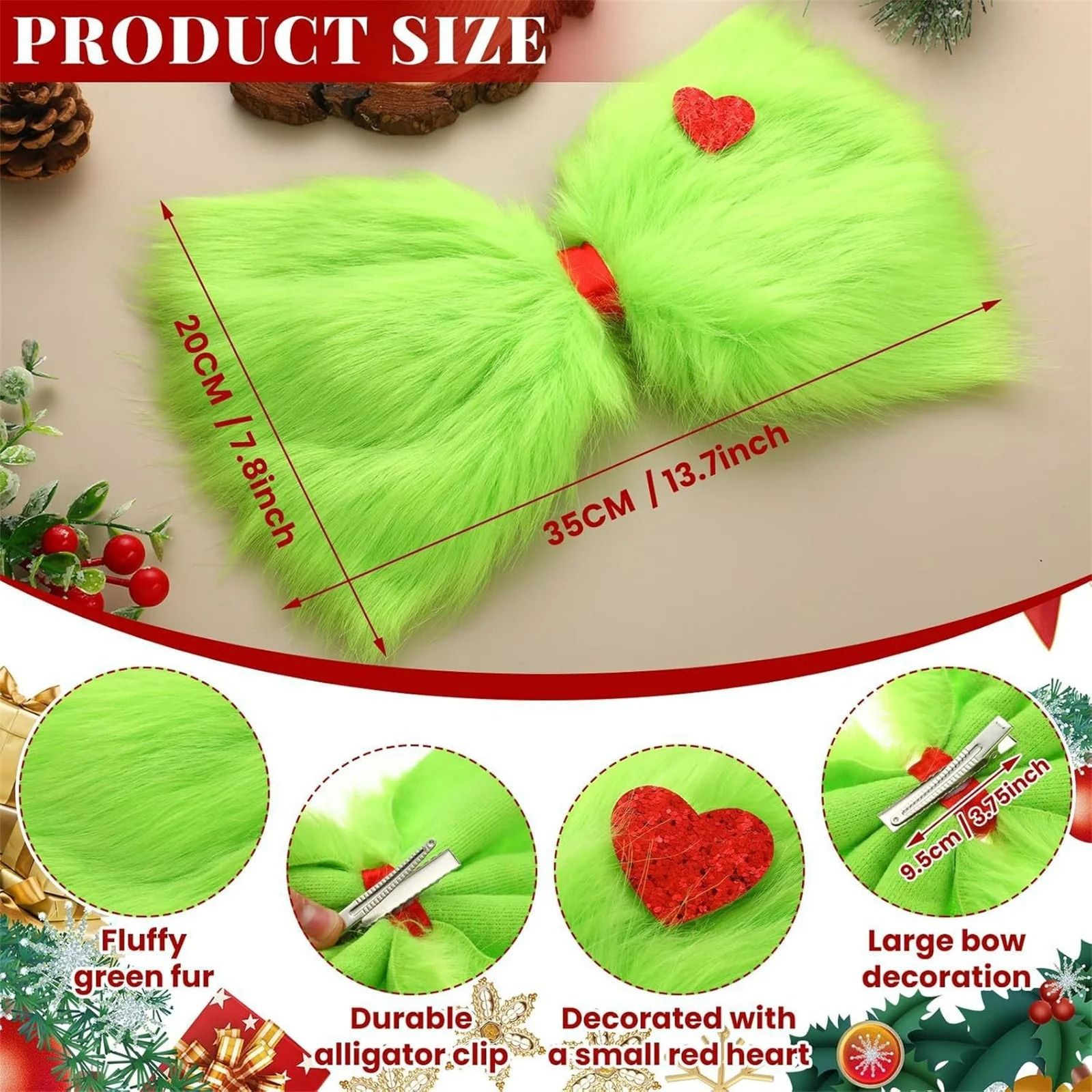 Christmas Grinch Bow Tree Topper Green Furry Holiday Decor