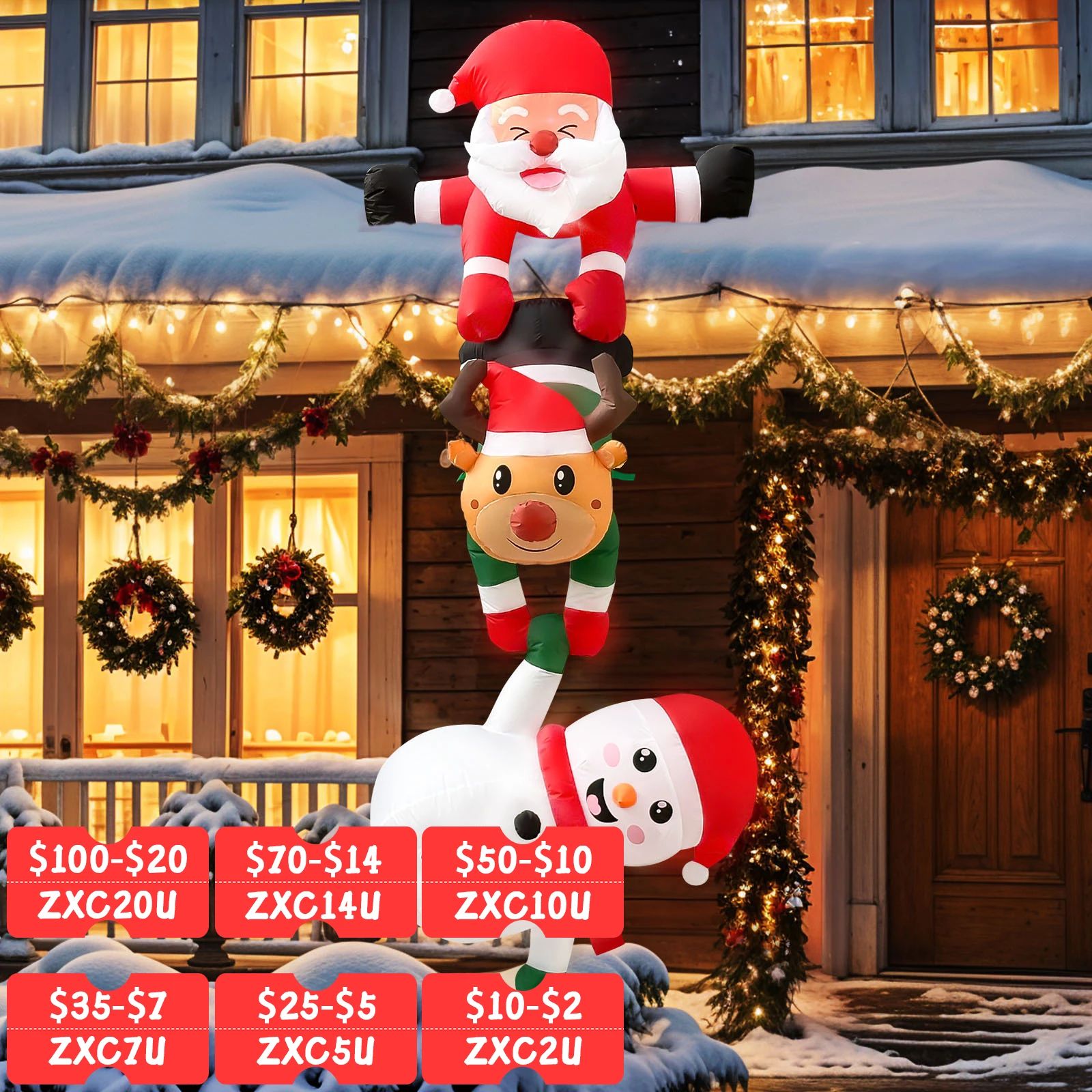 96in Climbing Santa Christmas Inflatable with Reindeer Snowman LED Outdoor Holiday Decoration