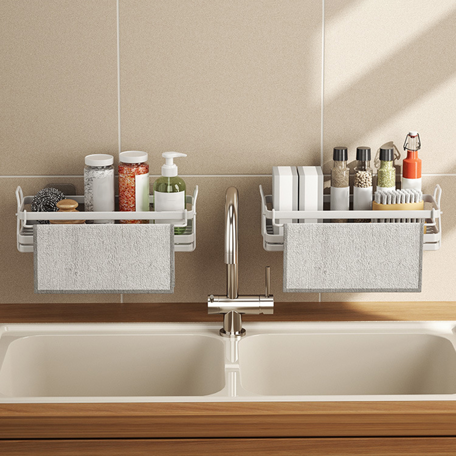 Removable Drain Tray Soap Dispenser, Kitchen Sink Sponge Holder, Caddy Organizer for Brushes, Dish Cloth, Sink Stoppers