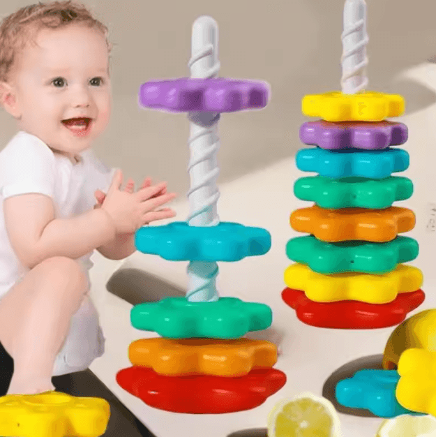 Montessori Spinning Rainbow Stacking Tower – Baby Motor Skill Development Puzzle Toy