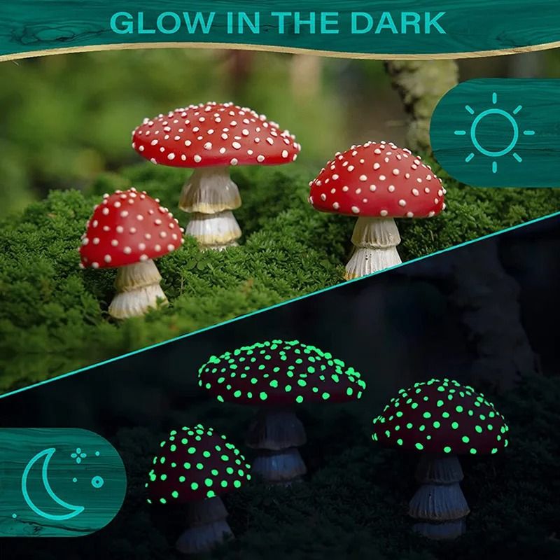 Glow in the Dark Mini Mushroom Resin Ornament for Fairy Garden Dollhouse Decor
