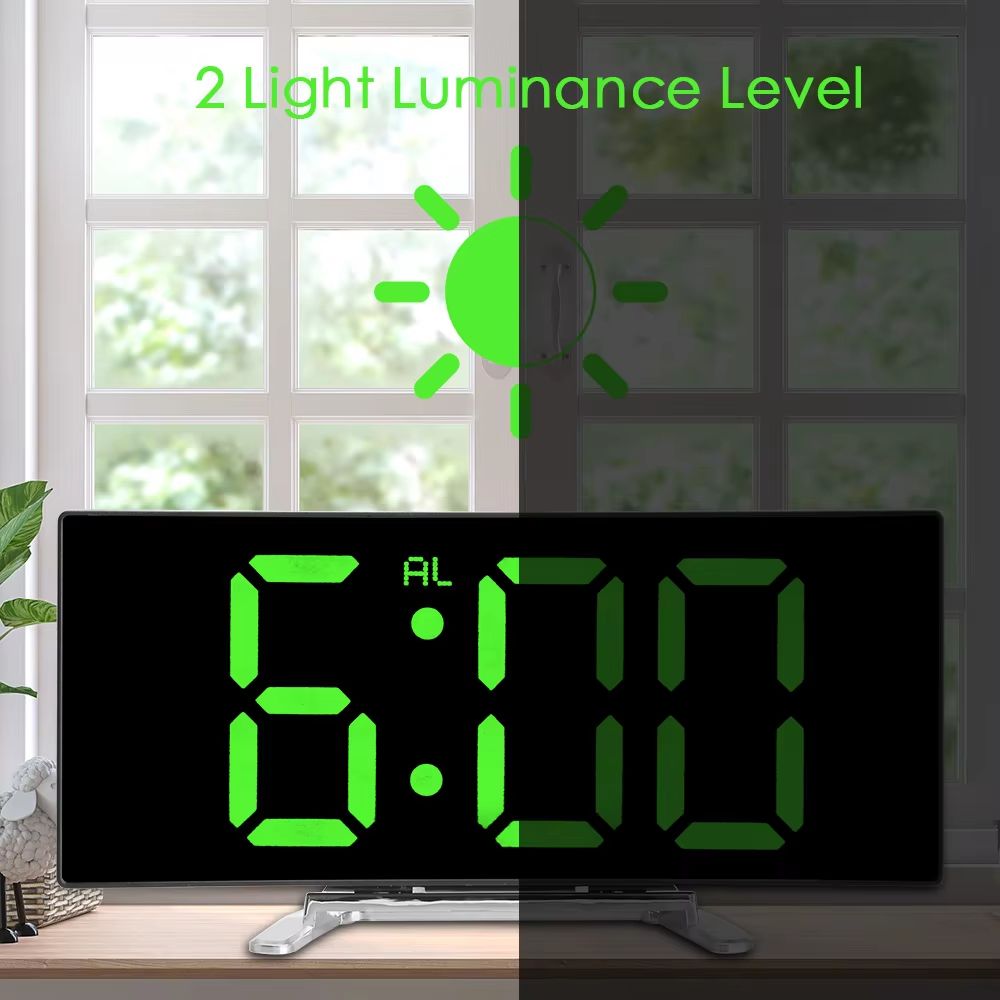 Curved LED Mirror Alarm Clock Dimmable Large Display Desk Clock