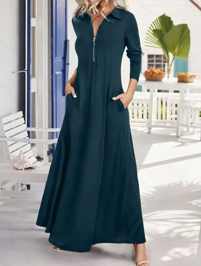 Womens Elegant Solid Long Sleeve Shirt Maxi Dress with Pockets