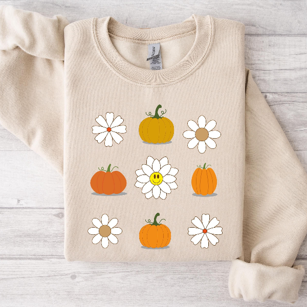Thanksgiving Pumpkin Daisy Sweatshirt, Fall Floral Pumpkin Crewneck, Cute Autumn Pumpkin Flower Sweater