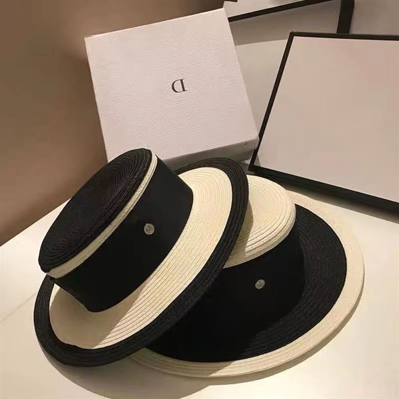 Chic Flat-Top Sun Straw Hat – Women's British-French Elegant Black & White Summer Hat