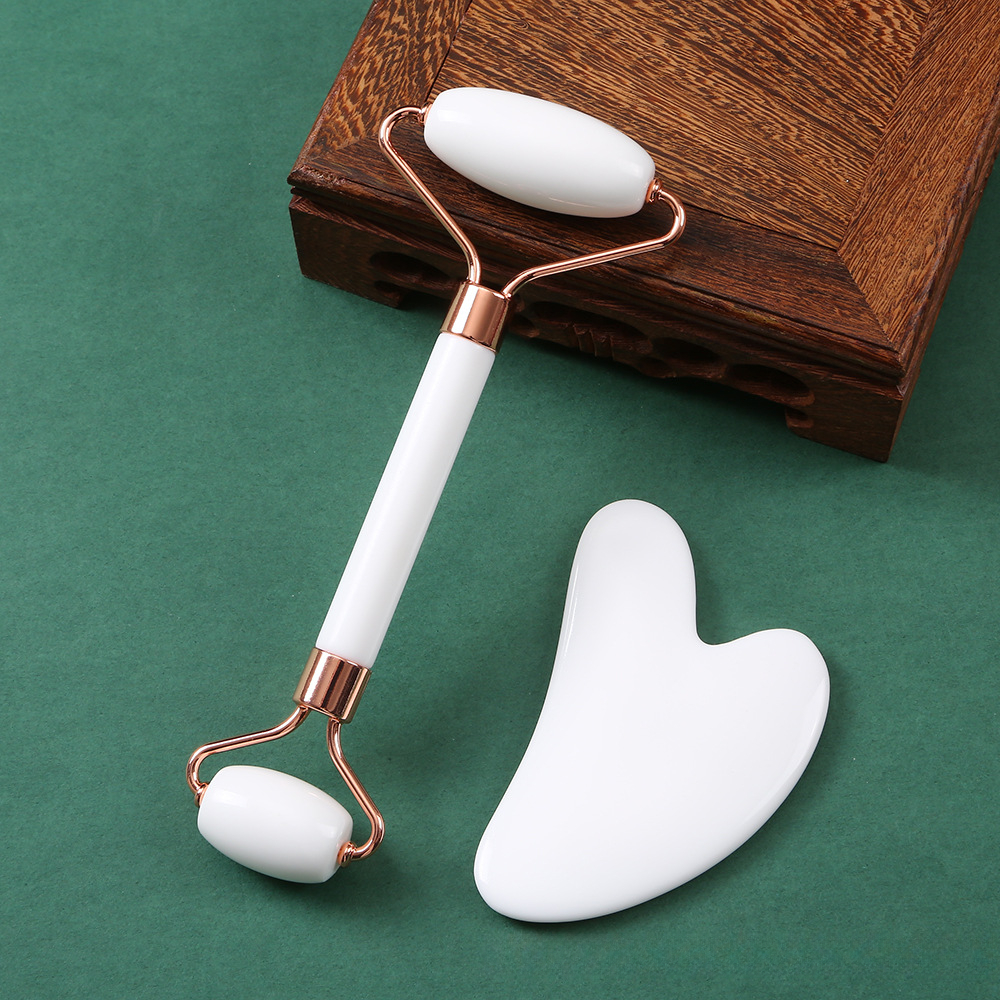 Pink Natural Resin Jade Roller Gua Sha Scraper Set, Face Lift Massager, Anti-Wrinkle & Double Chin Remover Beauty Skin