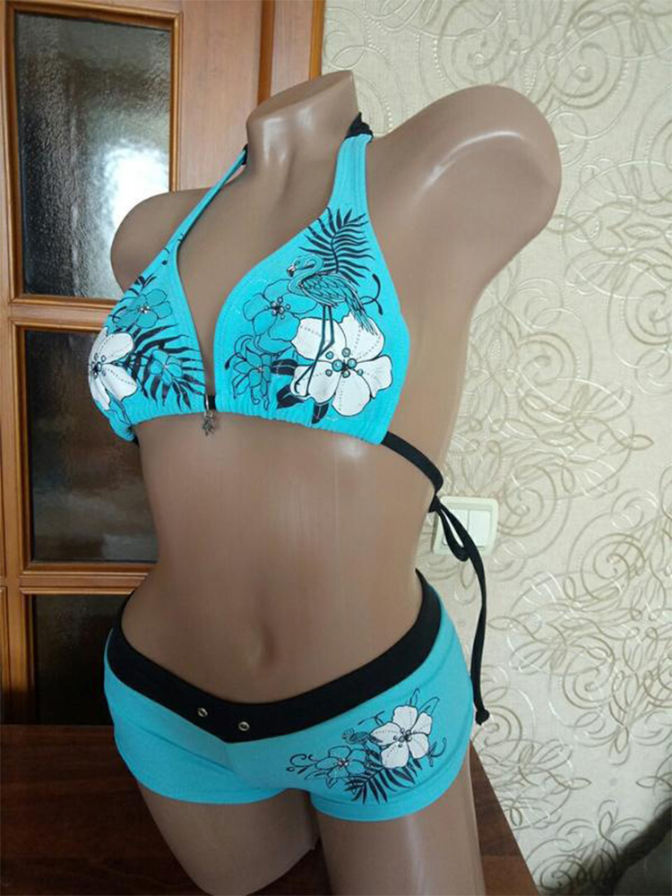 Sexy Women's Bathing Bikini, Vintage Flower Print Halter Swimwear, High Street Beach Fashion Set