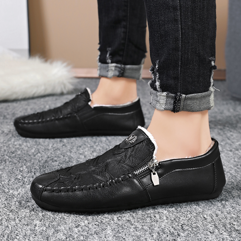 Plush Winter Leather Casual Shoes, Comfortable Loafers, Lightweight Driving Slip-on Shoes for Men, Lazy Shoes