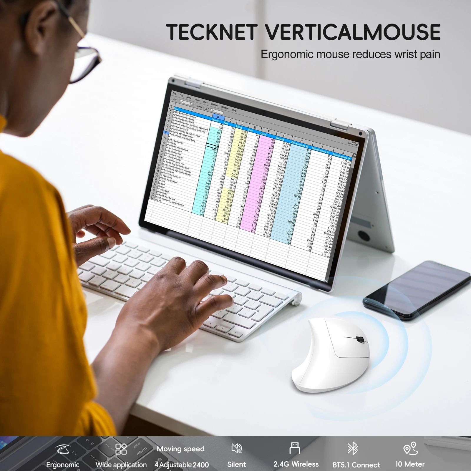 HXSJ T22 Ergonomic Vertical Mouse | Dual-Mode 2.4G & Bluetooth 5.1 Rechargeable 2400DPI Mouse