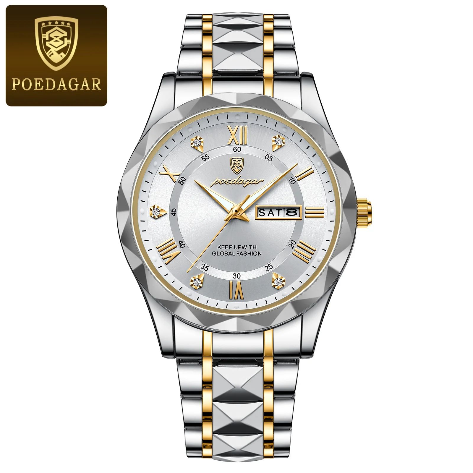POEDAGAR 615 Luxury Waterproof Stainless Steel Men's Quartz Watch with Luminous Date & Week Display