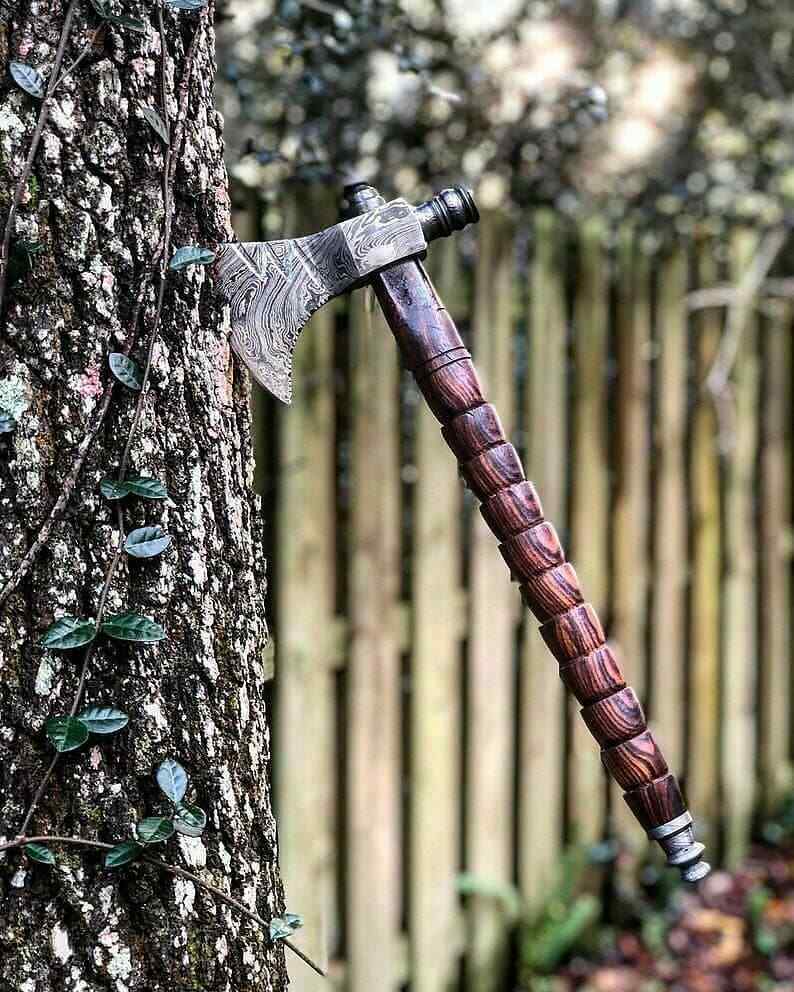Hand Forged Damascus Steel Axe Head | 512 Layer Trailing Point Design, 5.5 Edge, 7 Inch Head | Premium Bushcraft