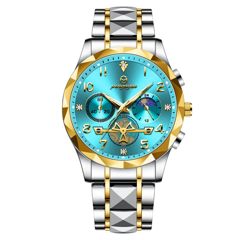 PAAZOMU Luxury Stainless Steel Men's Chronograph Quartz Watch with Moon Phase