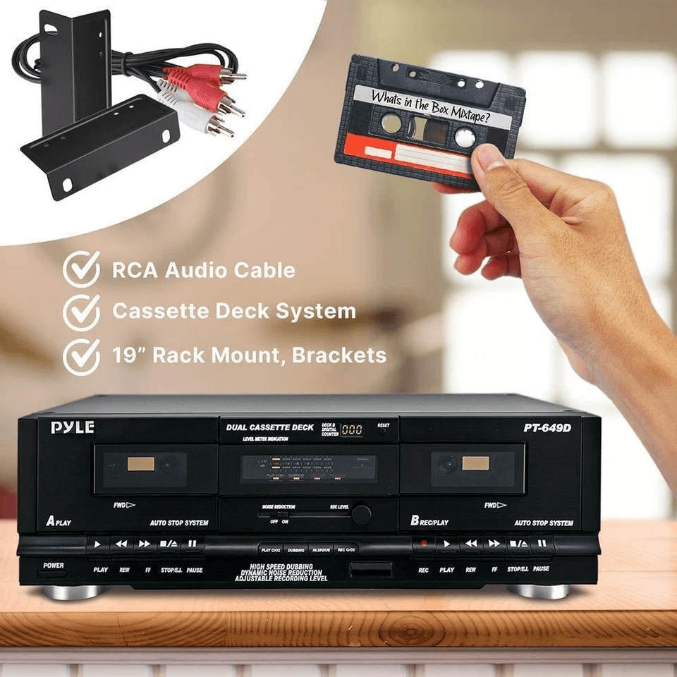 Pyle Dual Cassette Deck, Stereo Audio Recorder with Noise Reduction & Rack Mount