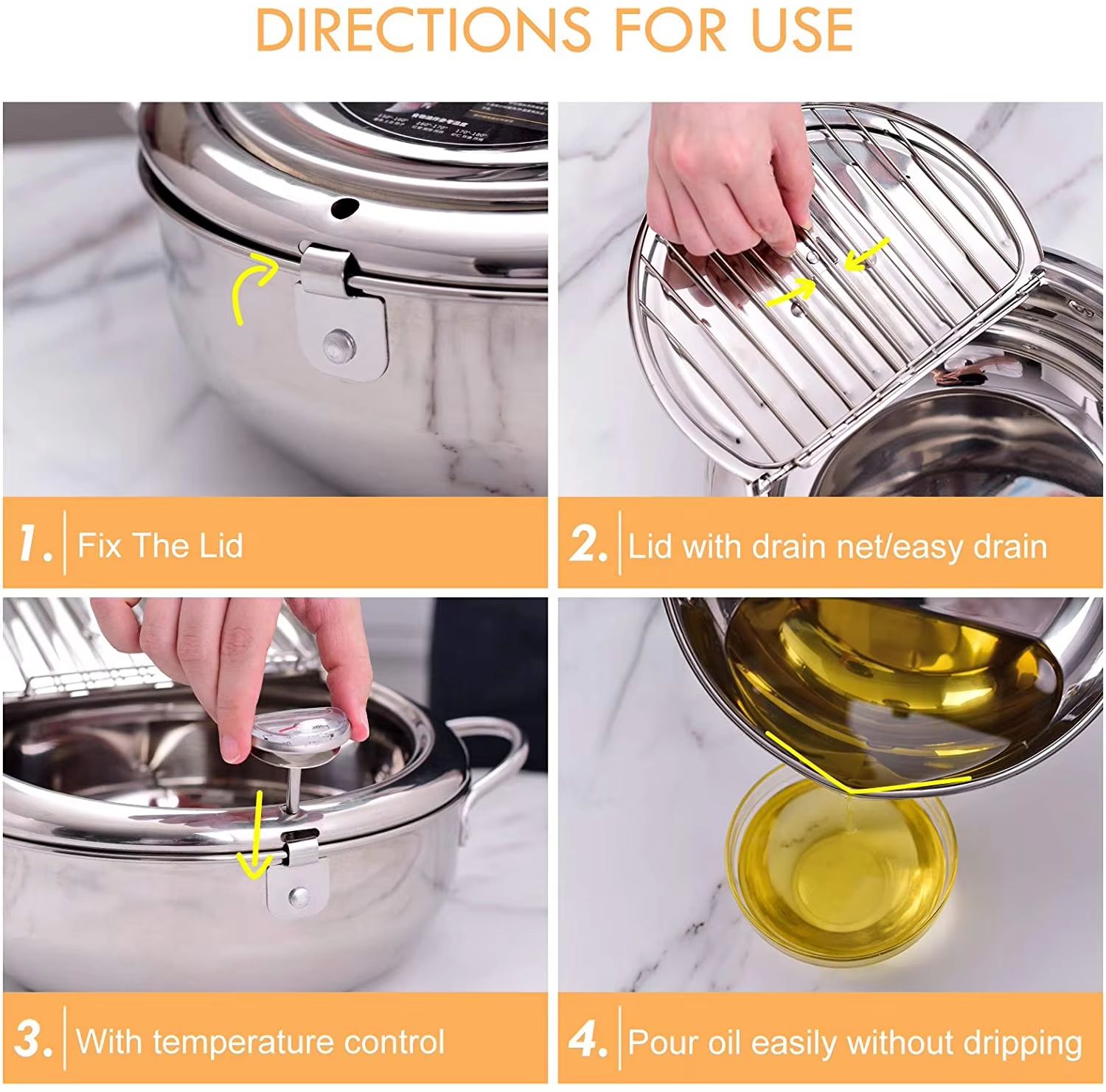 Japanese Stainless Steel Deep Frying Pot with Thermometer & Lid – Tempura Fryer Pan (20/24 cm)