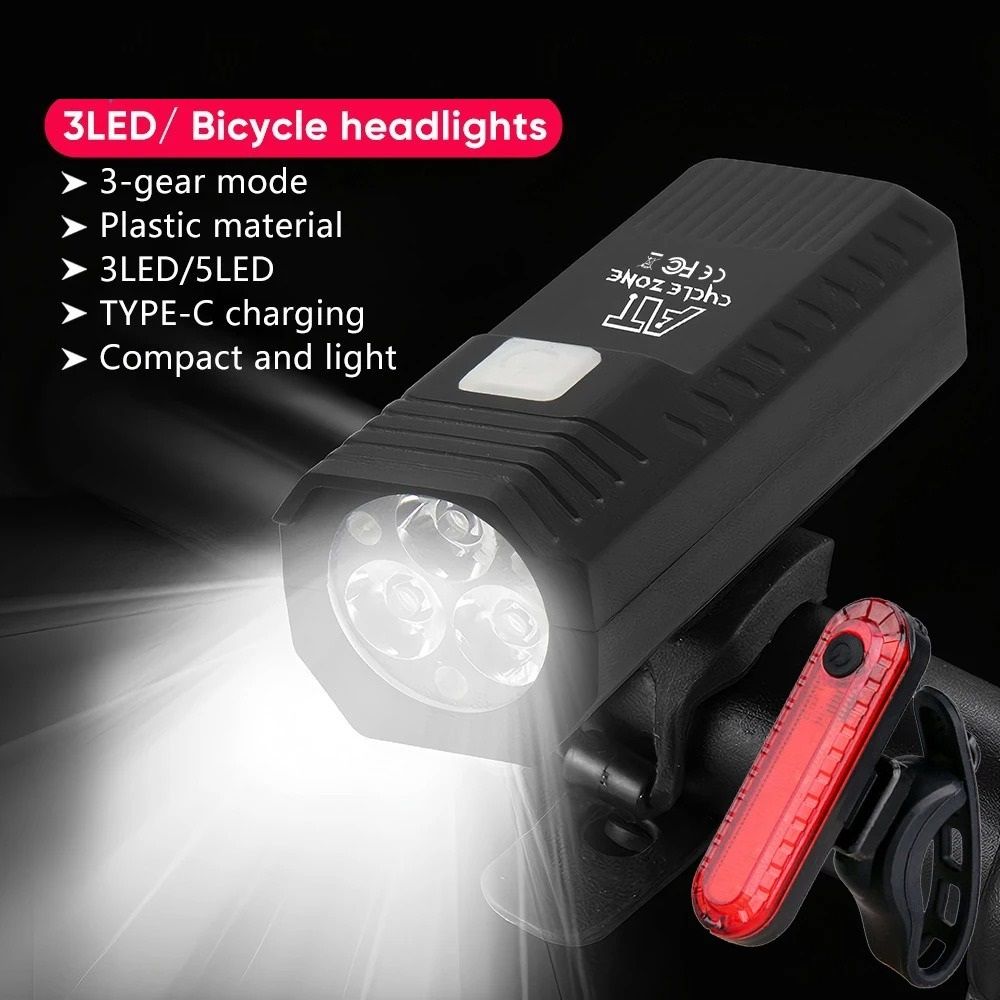 USB Rechargeable Bike Front Light and Taillight Set with Three Lighting Modes