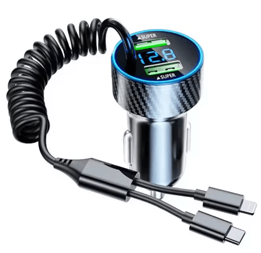 4 in 1 Retractable Car Charger with LED Voltage Monitor & Fast Charging